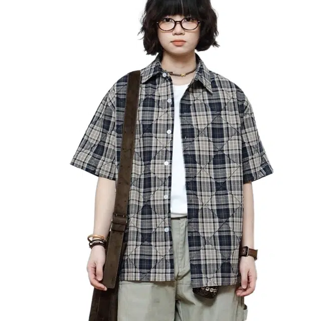 一碗士多 复古格子高级休闲短袖衬衫 男女同款