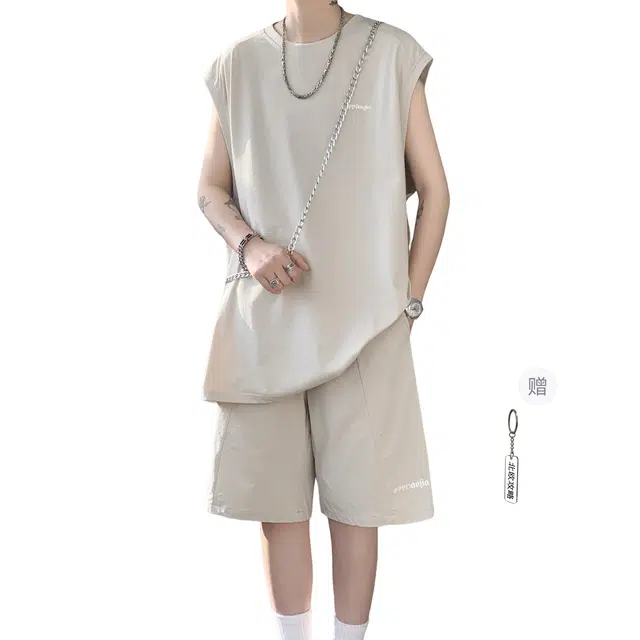 北欧攻略 柔软舒适亲肤透气凉感健身跑步撸铁坎肩背心短裤两件套宽松大码胖人无袖短裤休闲运动套装 男女同款