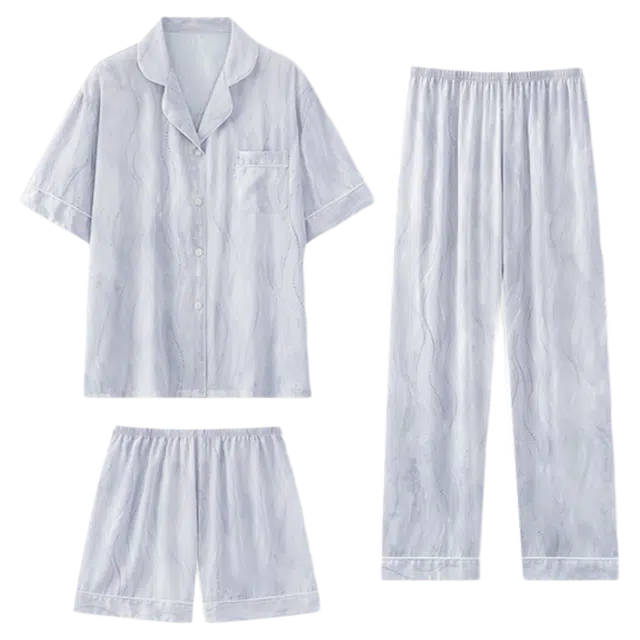 潞优野 带胸垫可外穿大码家居服短袖短裤长裤三件睡衣套装 女款