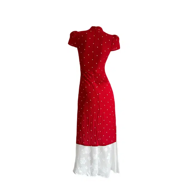 敲模女孩 新中式气质改良旗袍波点设计感收腰假两件拼接高级感短袖连衣裙 女款