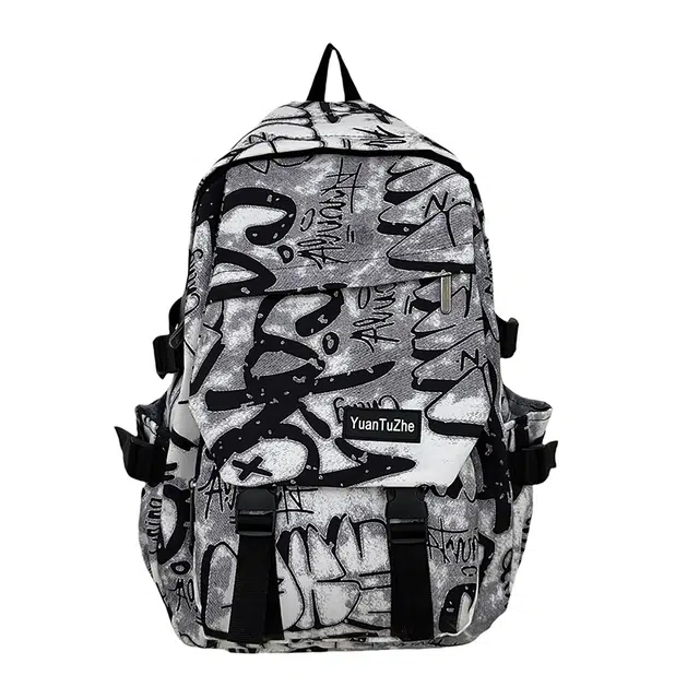 南潇湘 涂鸦通勤小清新轻便高颜值大容量上课百搭 尼龙 双肩包 男女同款情侣款 白色/灰色/黑色