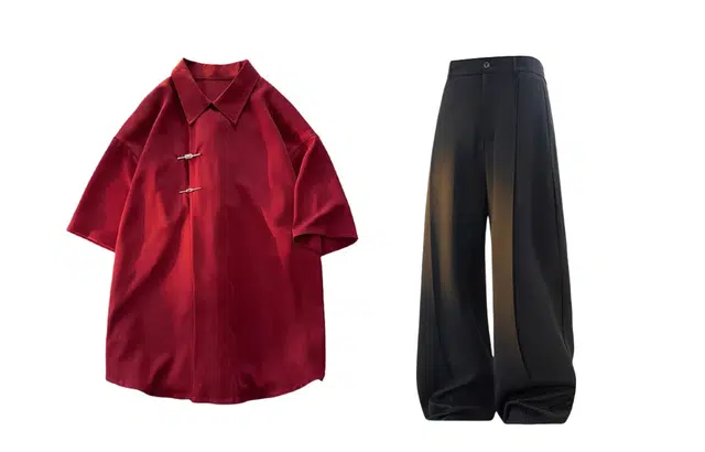 梓润格 新中式国风冰丝斜门襟飞机扣短袖上衣夏季透气高级感垂感百搭宽松日常通勤西裤休闲裤衬衫套装 男女同款