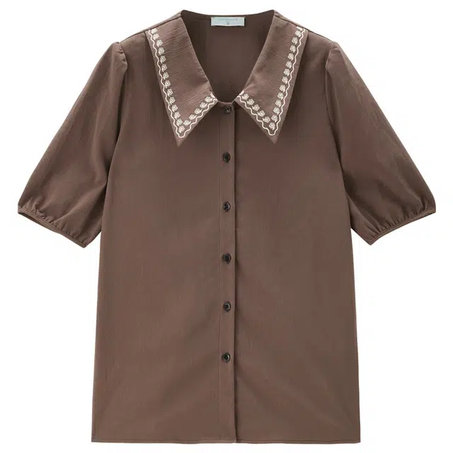 佐丹奴 梭织领边绣花泡泡袖休闲短袖衬衫 女款