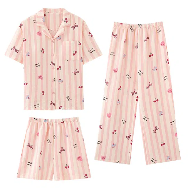 卡绚 翻领短袖短裤长裤三件套甜美卡通家居夏季睡衣套装 女款