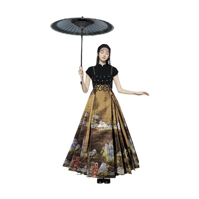 荟萃阁 新中式立领国风纯色短袖上衣妆花织金马面裙两件套裙装套装 女款