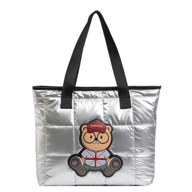 北包包 时尚大容量卡通太空棉包休闲百搭韩版时尚 布 托特包单肩包 女款 银色/黑色