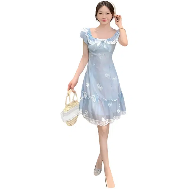 水中花 法式甜美花苞袖蝴蝶结碎花短袖连衣裙 女款