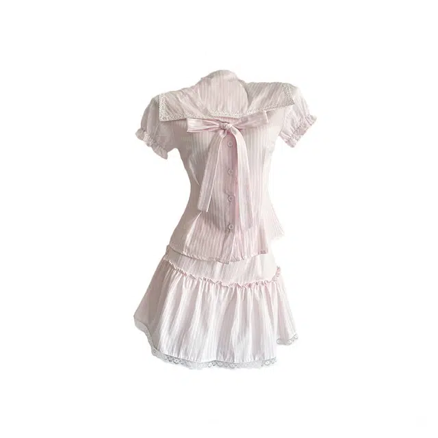 敲模女孩 学院风甜美清新蝴蝶结泡泡袖翻领收腰衬衣高腰蕾丝花边短裙裙装套装 女款