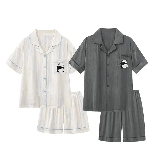 俏韵 熊猫情侣冰丝凉感短袖三分裤翻领家居服可外穿睡衣套装 男女同款