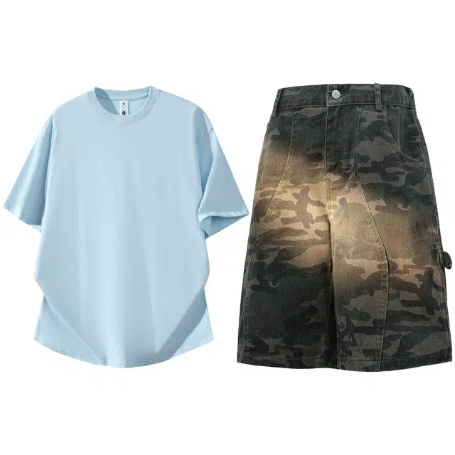 梓润格 两件套搭配迷彩大口袋沙滩户外中国风嘻哈范潮牌夏季百搭流行速干跑步时尚短袖短裤休闲运动套装 男女同款
