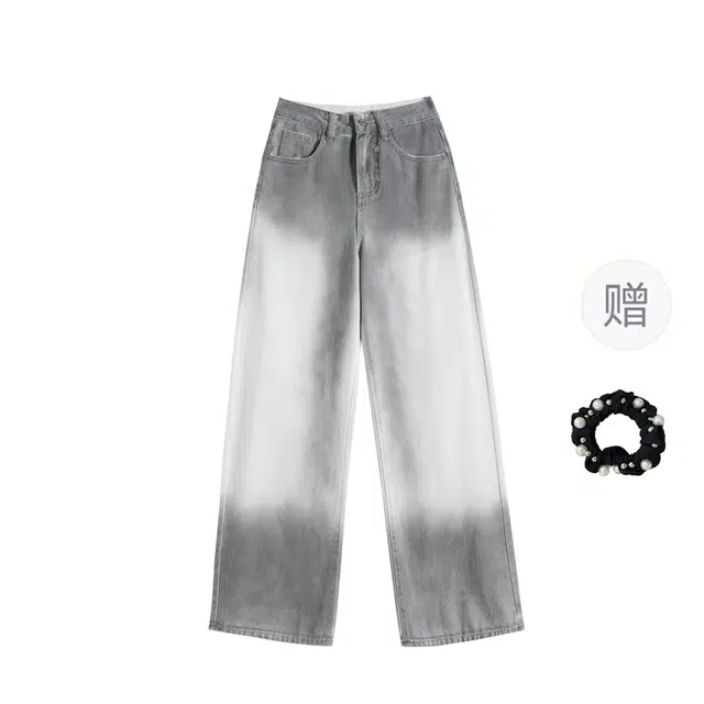 雾闪闪 美式扎染复古时尚阔腿裤子宽松显瘦遮胯高腰直筒牛仔裤 女款