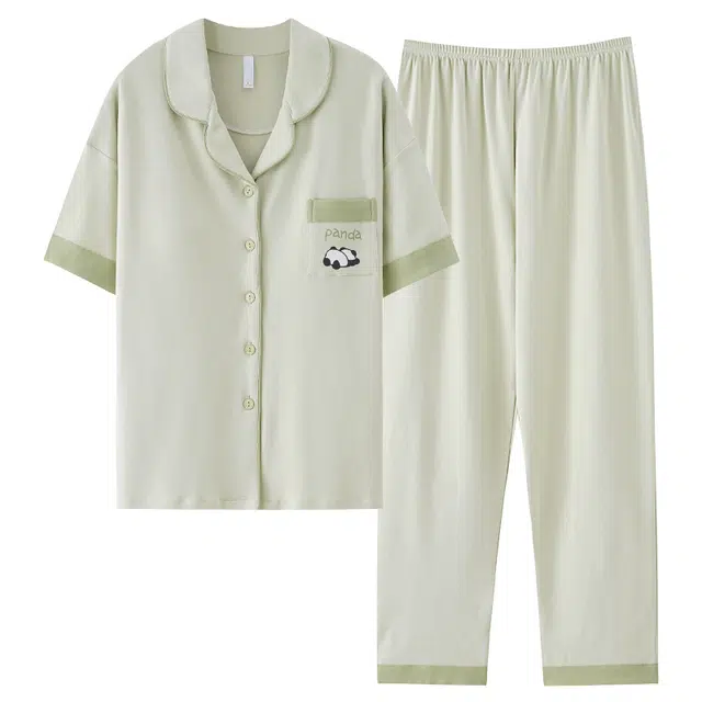 莫代尔 个性轻盈透气时尚百搭翻领开衫纯棉休闲简约柔软细腻短袖长裤带胸垫防凸点家居服可外穿睡衣套装 女款