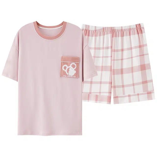 莫代尔 慵懒休闲简约百搭圆领套头时尚个性舒适柔软亲肤细腻短袖短裤带胸垫防凸点家居可外穿睡衣套装 女款