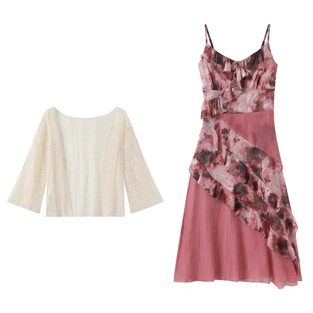 古莲菲 度假风吊带连衣裙碎花度假长裙裙装套装 女款