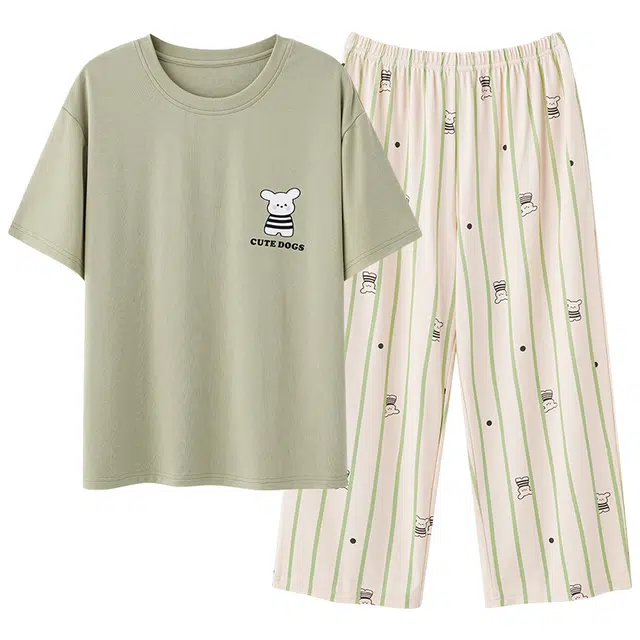 芬腾可安 家居服韩版短袖休闲透气简约浅色系显瘦舒适宽松柔软七分裤时尚外出可穿睡衣套装 女款