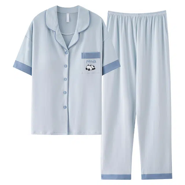 莫代尔 百搭休闲简约轻盈透气翻领开衫纯棉舒适时尚个性大方短袖长裤带胸垫防凸点家居服可外穿睡衣套装 女款