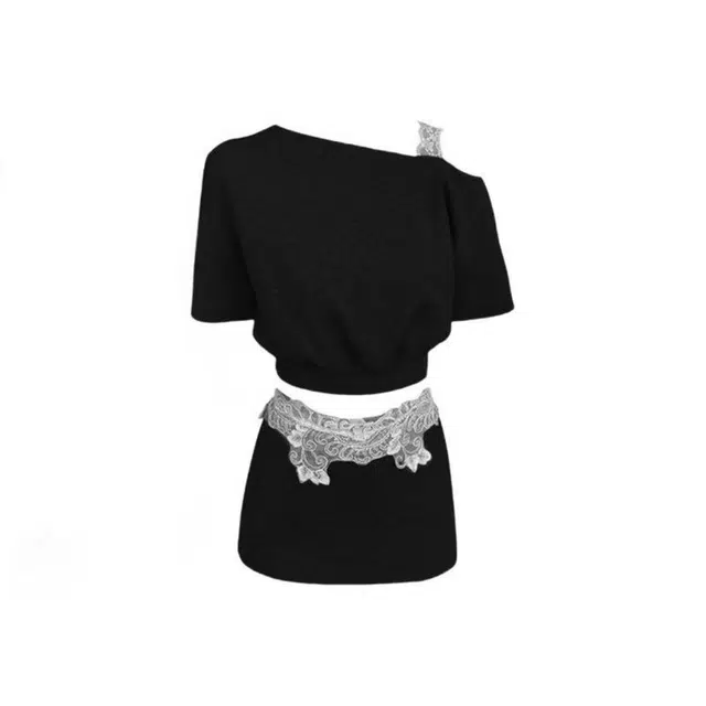 小菊川栗 学院风时尚休闲潮流甜辣穿搭夏季时尚装斜肩蕾丝拼接短款上衣包臀短裙两件套夏女裙装套装 女款