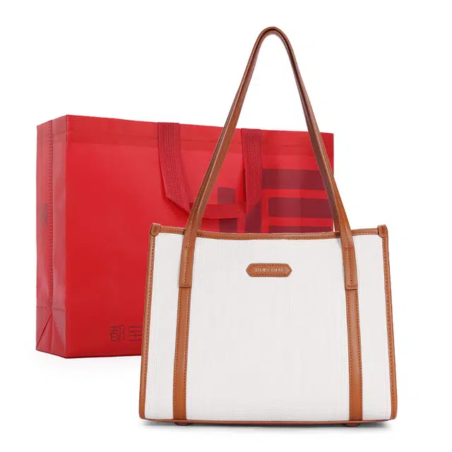 都宝路 质感复古拼色百搭日常通勤气质 合成革 托特包手提单肩包 大号 女款 米白拼焦糖