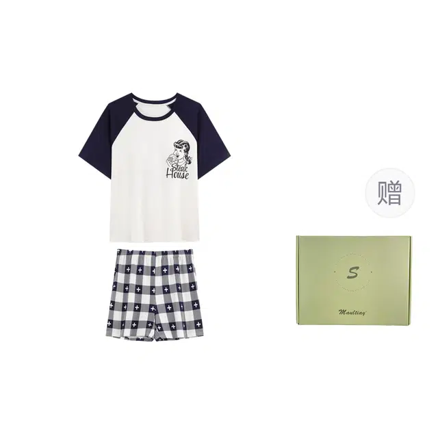 俞兆林 带胸垫简约卡通圆领柔软纯棉短袖短裤两件套舒适休闲家居服夏季睡衣礼盒 女款