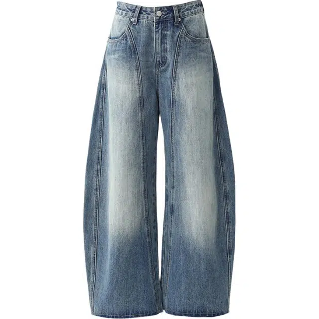 拾籍 高街时尚水洗做旧高腰宽松阔腿裤休闲风小众设计复古镰刀裤百搭牛仔裤 女款