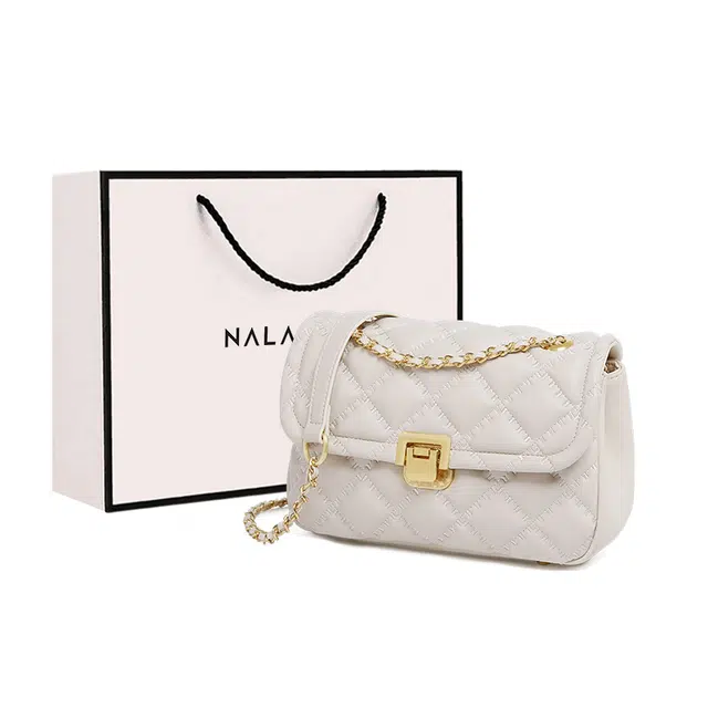 纳兰杜 女包百搭女生高颜值潮流小香风菱格包包 牛皮 链条包腋下包斜挎包单肩包 大号 女款 米白色/黑色