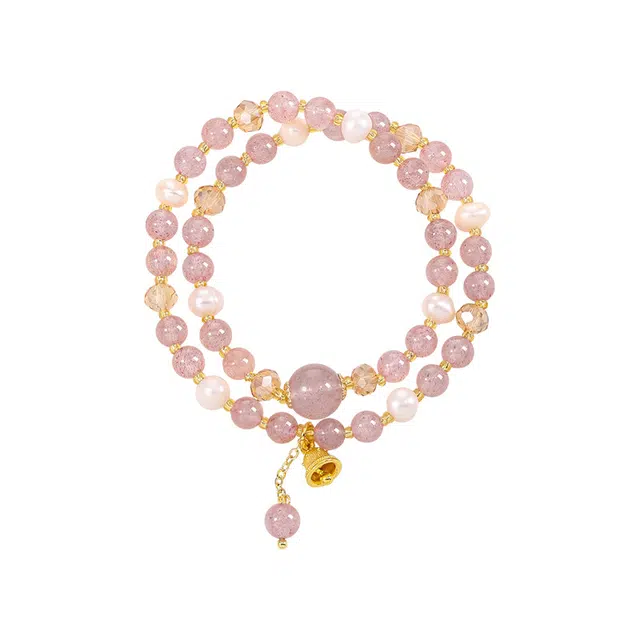 子婳 双层叠戴粉晶闺蜜手链小众精致铃铛串珠转运优雅动人合成/人造 粉水晶 手串 女款