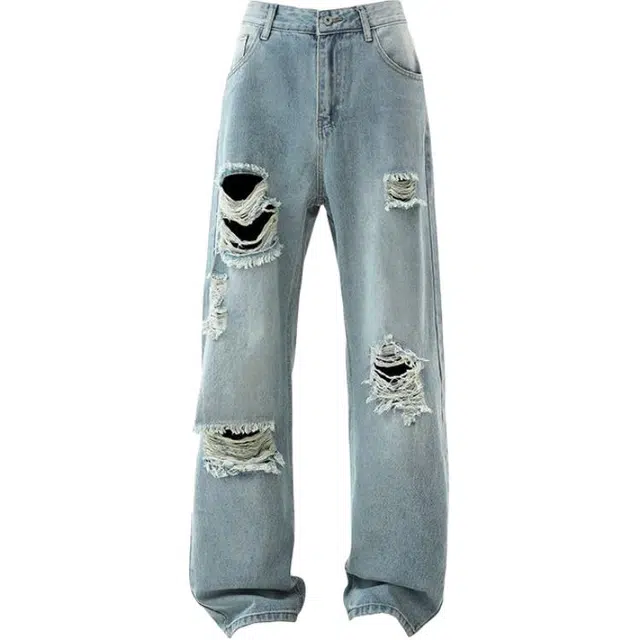 宝米卡 水洗破洞裤百搭休闲直筒裤长裤潮流牛仔裤 男女同款