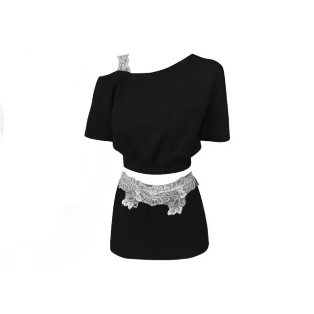 小菊川栗 学院风时尚休闲潮流甜辣穿搭夏季时尚装斜肩蕾丝拼接短款上衣包臀短裙两件套夏女裙装套装 女款