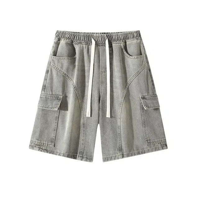 加荣 薄款透气潮牌工装五分裤美式高街直筒宽松复古风格做旧抽绳松紧设计牛仔短裤 男女同款