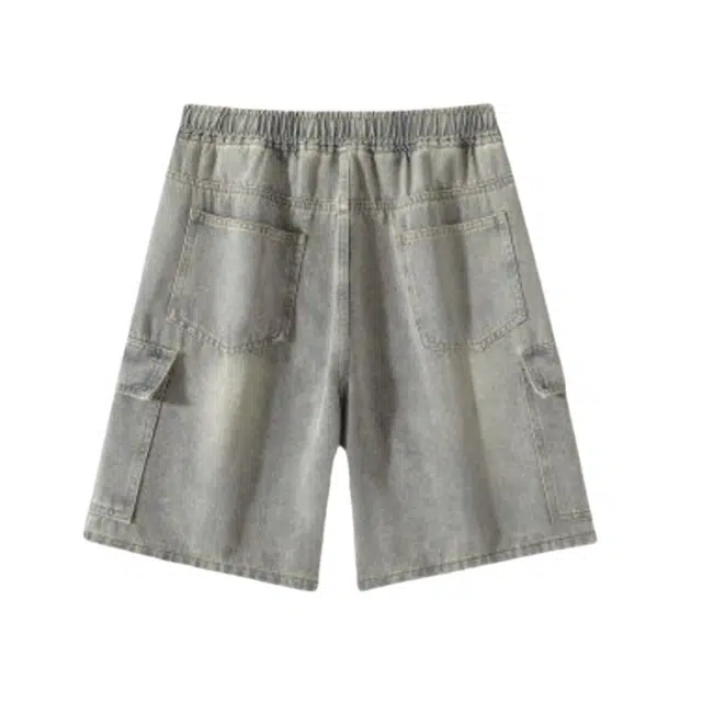 加荣 薄款透气潮牌工装五分裤美式高街直筒宽松复古风格做旧抽绳松紧设计牛仔短裤 男女同款