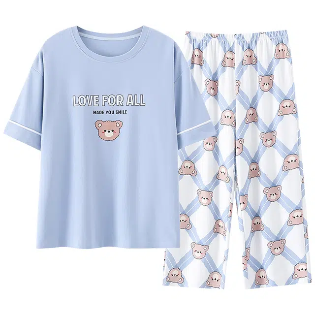 莫代尔 个性时尚气质百搭圆领套头休闲舒适柔软亲肤细腻短袖七分裤不易起球家居可外穿睡衣套装 女款