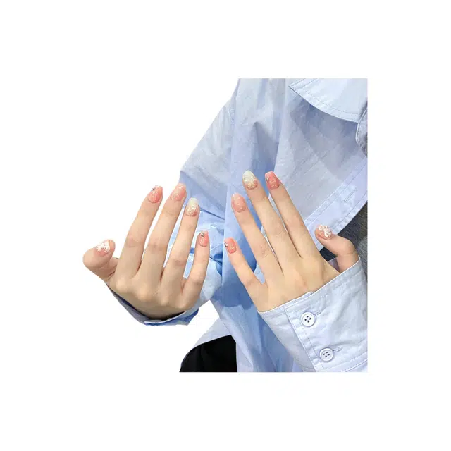 芮锦 显白夏季高级感富家千金感甲片穿戴甲粉色温柔小花腮红美甲假指甲可拆卸  短款亮闪渐变 镶钻