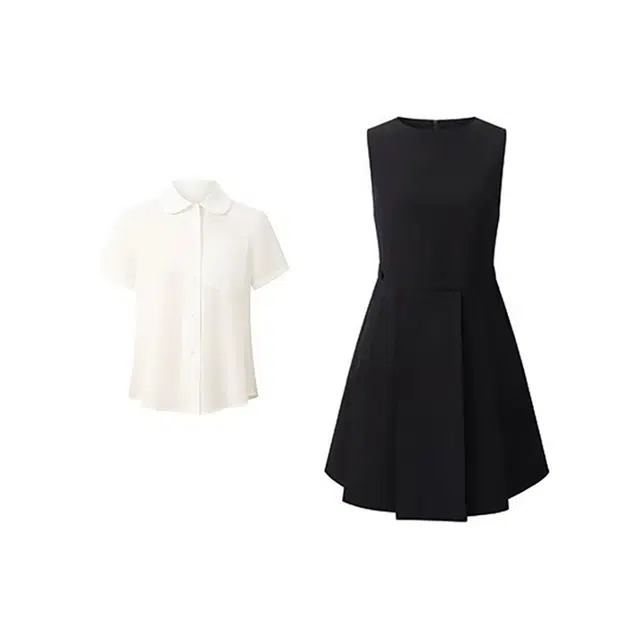 敲模女孩 韩系学院风娃娃领短袖衬衫叠穿无袖背心百褶连衣裙气质裙装套装 女款