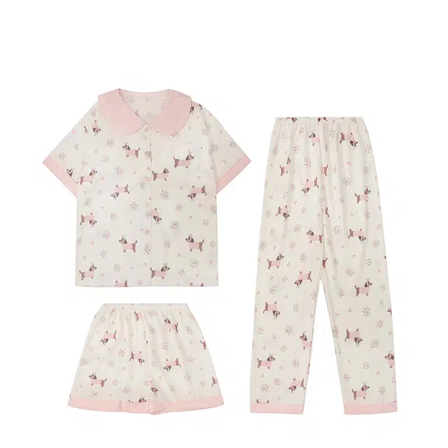 俏韵 翻领卡通腊肠狗短袖长裤三件套薄款舒适家居服可外穿睡衣套装 女款
