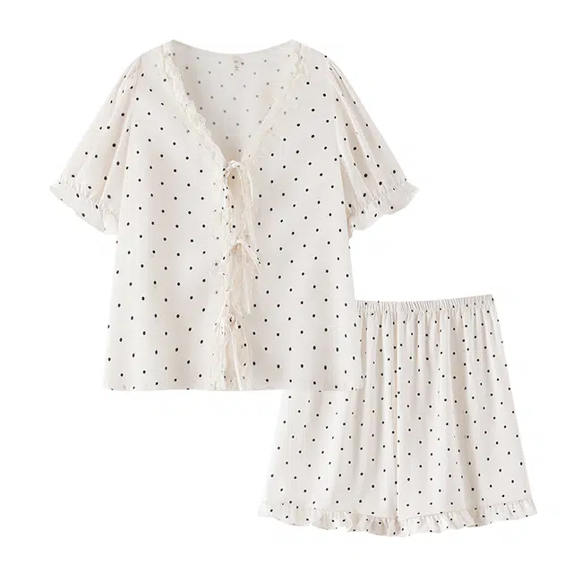 宫蝶 短袖家居服薄款休闲小清新圆点带胸垫三分裤睡衣套装 女款