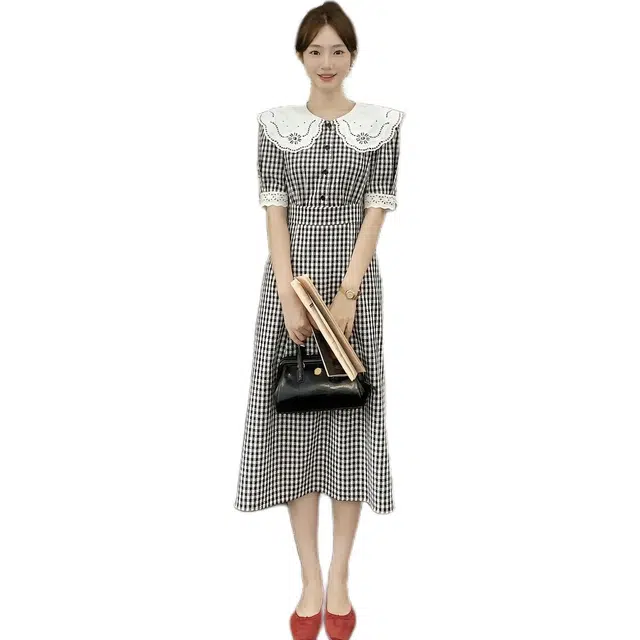 沐晓欣 夏季显瘦格子时尚气质百搭短袖连衣裙 女款