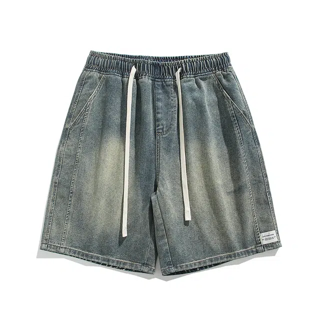 寻星记 美式高街潮流宽松水洗纯色五分裤多种设计元素融合牛仔短裤 男女同款