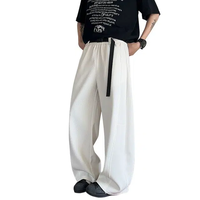 佐菲利 华夫格自带腰带宽松阔腿设计感分割线拼接弯刀休闲裤 男款