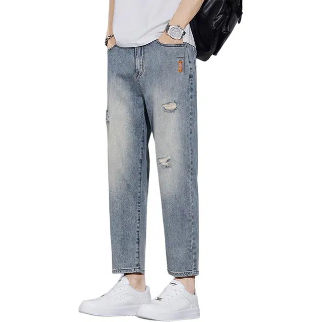 吉肯蒂 夏季薄款男士潮牌痞帅破洞水洗直筒九分休闲裤子男裤牛仔裤 男款