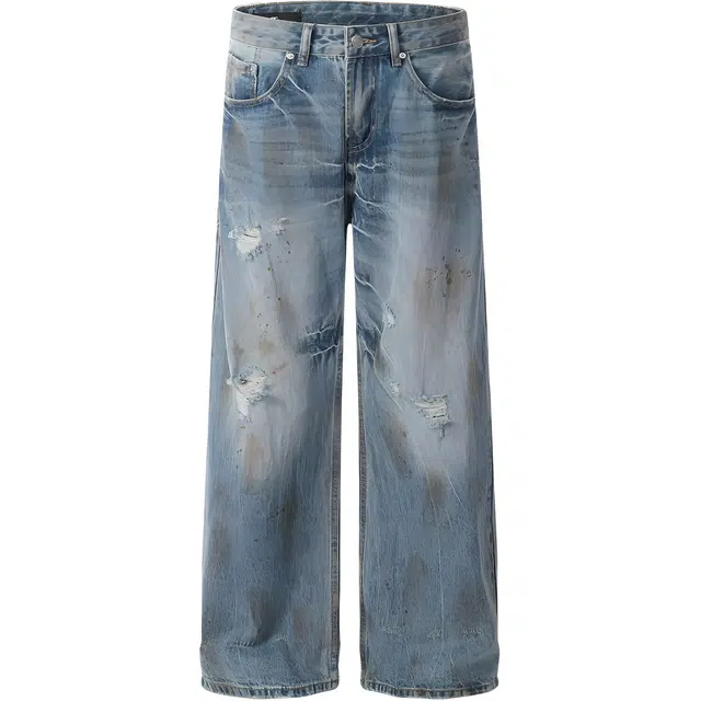 拾个壹先生 美式水洗脏旧弯刀破洞牛仔裤 男女同款