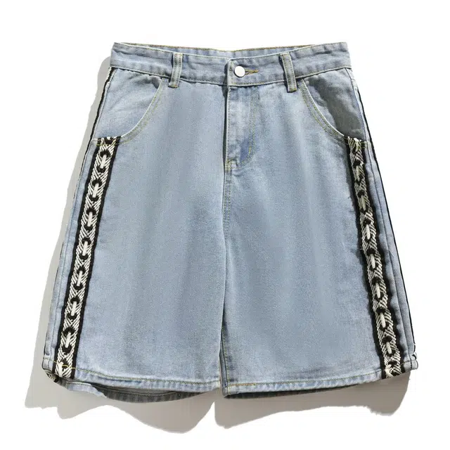 爱肯 美式高街复古侧边条纹编制夏季薄款五分裤休闲宽松水洗做旧时尚百搭牛仔短裤 男女同款