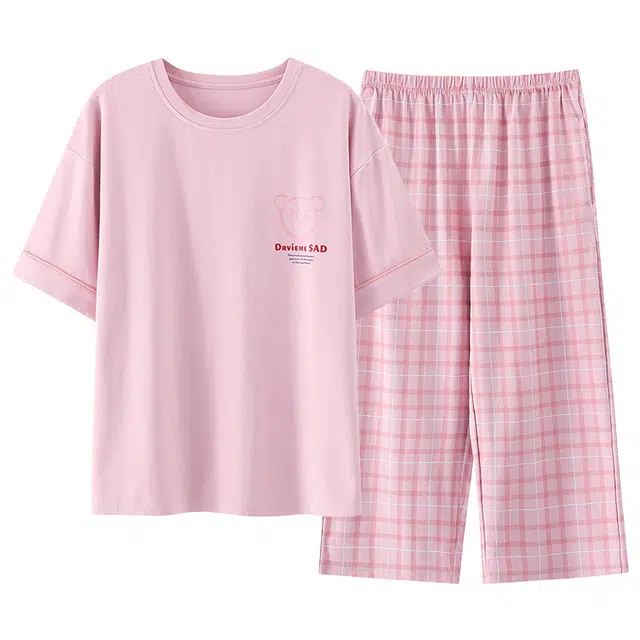 莫代尔 简约休闲时尚百搭个性圆领套头舒适柔软轻盈透气短袖七分裤不易起球家居可外穿睡衣套装 女款