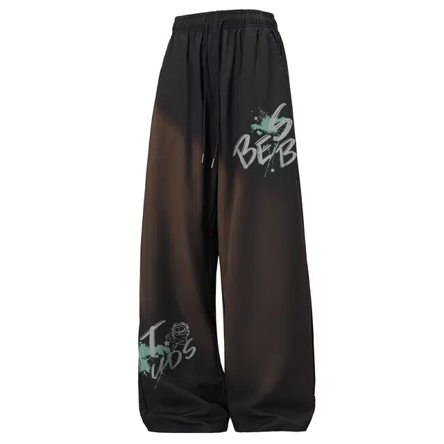 加菲猫家族 速干凉感轻薄透气泼墨创意涂鸦字母印花户外简约纯色基础款宽松直筒百搭垂感休闲裤 男女同款