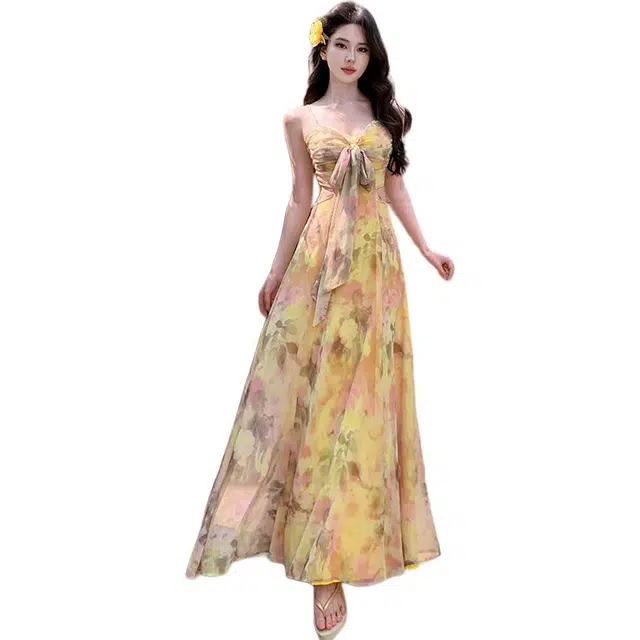 水中花 法式复古纯欲海边度假风收腰显瘦设计感优雅气质碎花吊带连衣裙 女款