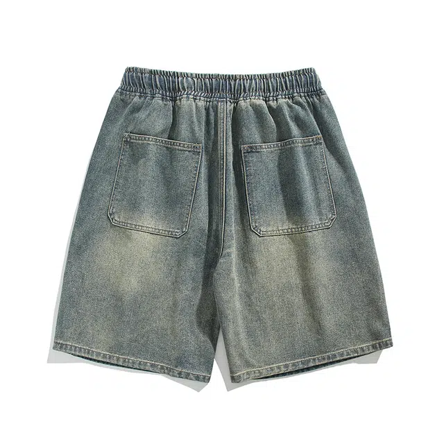 寻星记 美式高街潮流宽松水洗纯色五分裤多种设计元素融合牛仔短裤 男女同款