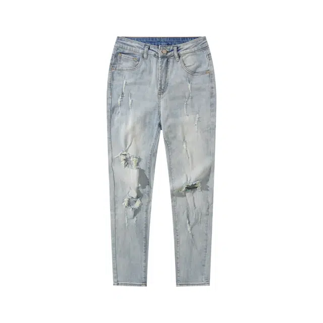 吉肯蒂 膝盖刮烂破洞潮牌薄款长裤牛仔裤 男款