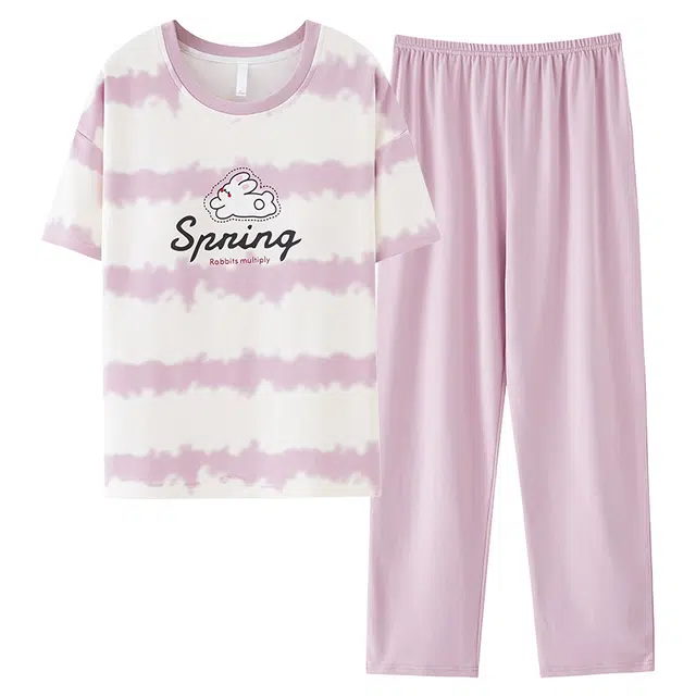 莫代尔 轻盈透气个性百搭圆领套头舒适柔软亲肤细腻时尚短袖长裤带胸垫防凸点家居服可外穿睡衣套装 女款