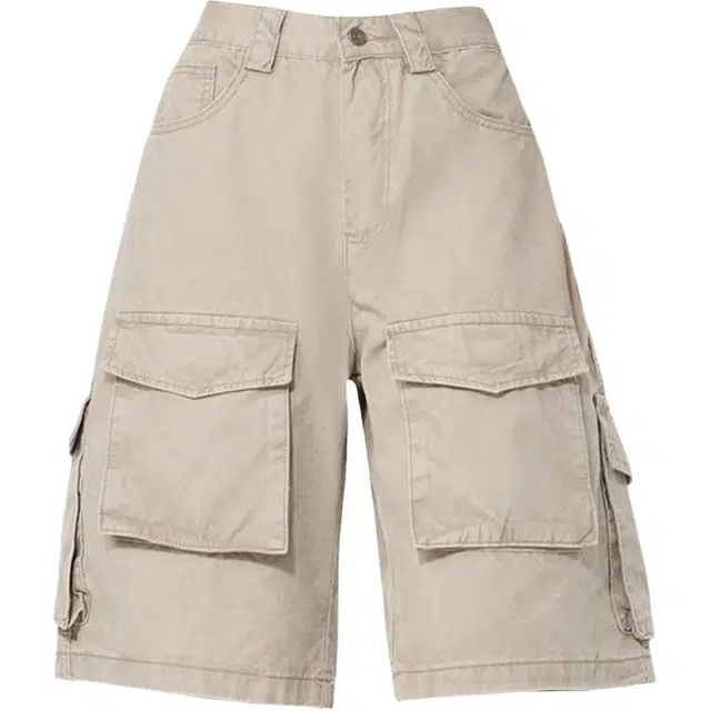 拾籍 学院风百搭款美式多口袋五分舒适宽松高腰直筒工装短裤 女款