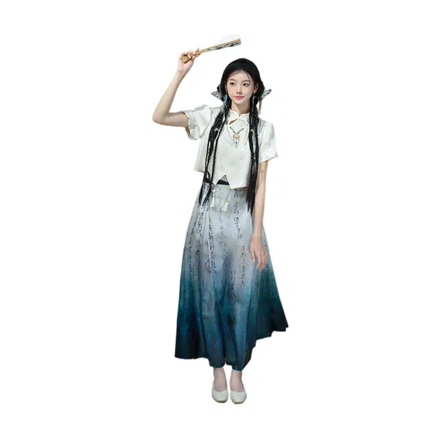 荟萃阁 新中式国风盘扣立领提花斜襟女上衣一片式渐变印花马面裙裙装套装 女款