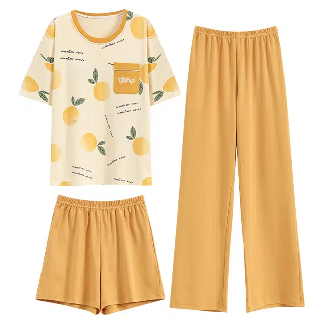 浮光岛屿 简约时尚可爱带胸垫圆领高级感短袖家居服凉感休闲舒适亲肤可外穿睡衣套装 女款 礼盒装 橙色